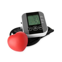 Photo of Blood pressure measuring device and red heart figure isolated on white