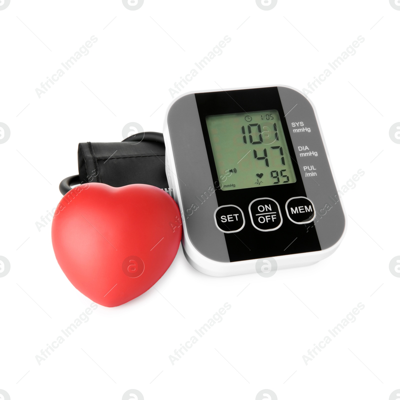 Photo of Blood pressure measuring device and red heart figure isolated on white