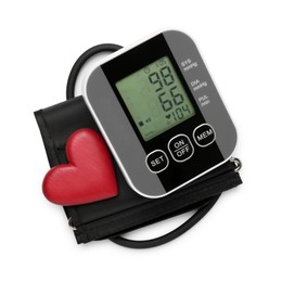 Photo of Blood pressure measuring device and red heart figure isolated on white, top view