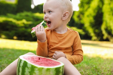 Photo of Cute little baby eating juicy watermelon on green grass outdoors