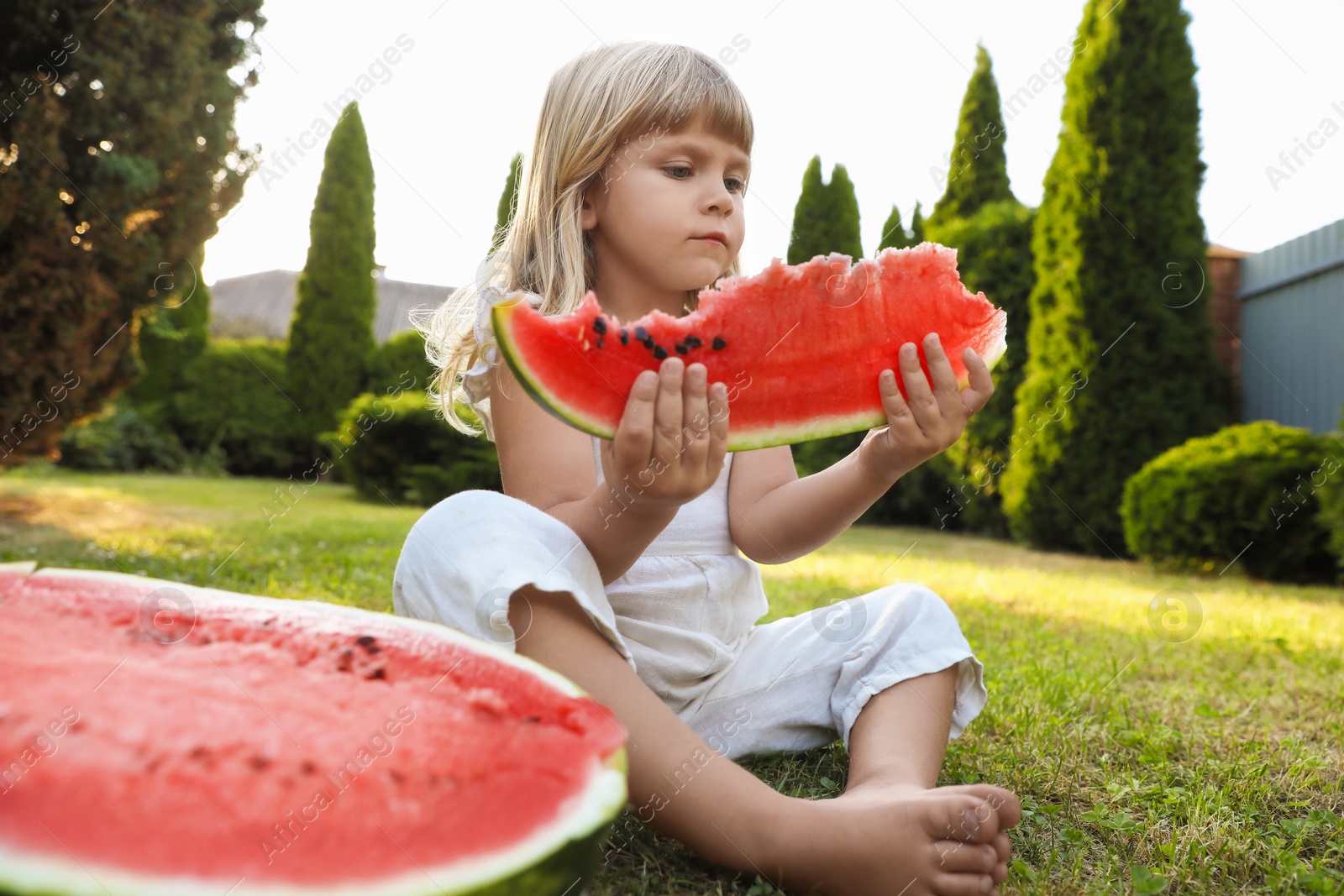 Photo of Cute little girl eating juicy watermelon on green grass outdoors