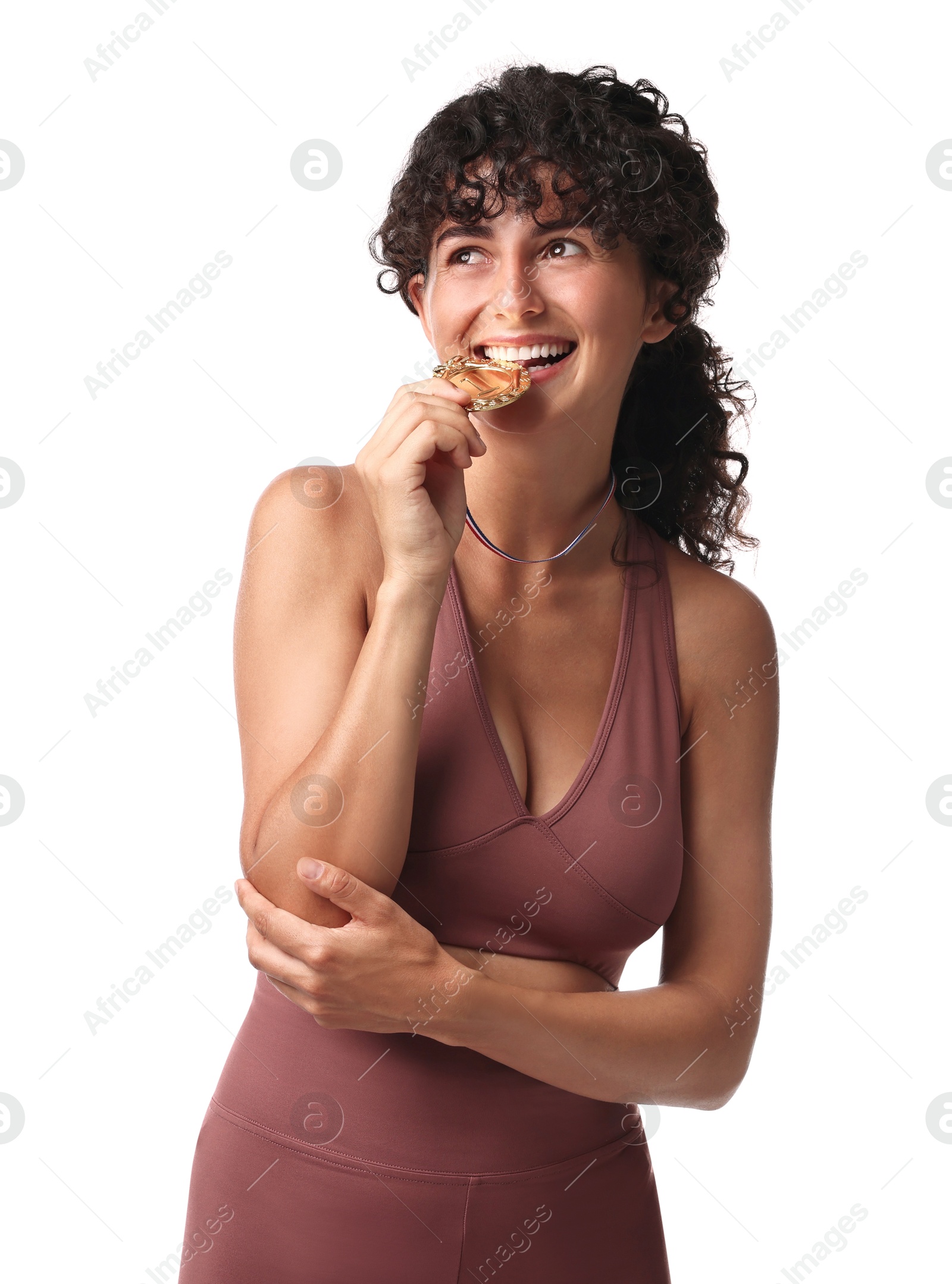 Photo of Happy winner with golden medal on white background