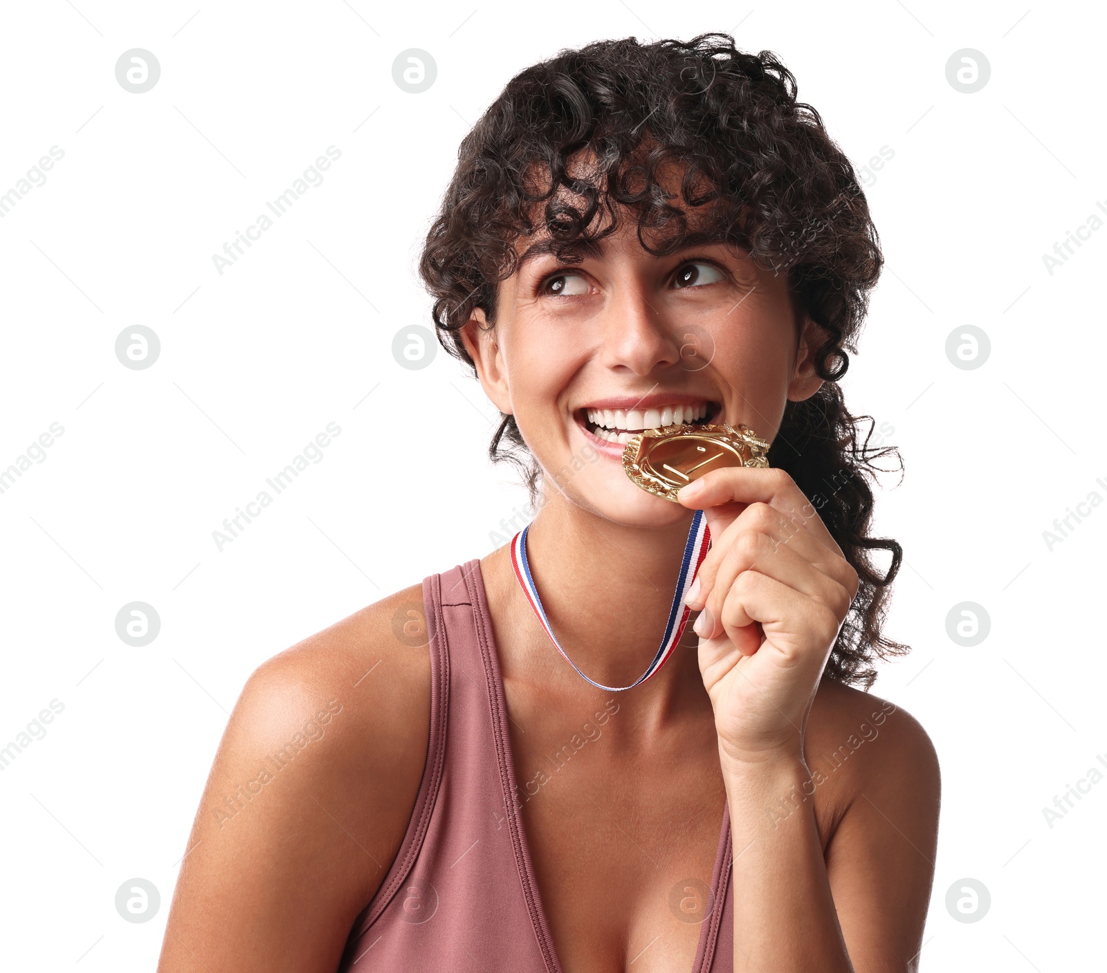 Photo of Happy winner with golden medal on white background