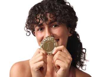 Happy winner with golden medal on white background