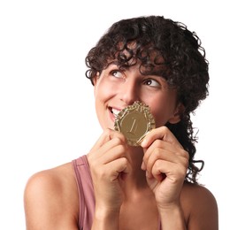 Photo of Happy winner with golden medal on white background