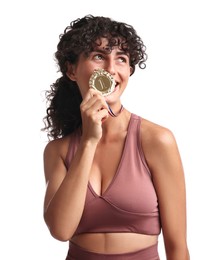 Photo of Happy winner with golden medal on white background