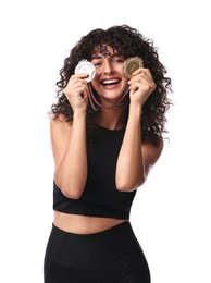 Photo of Happy winner with different medals on white background