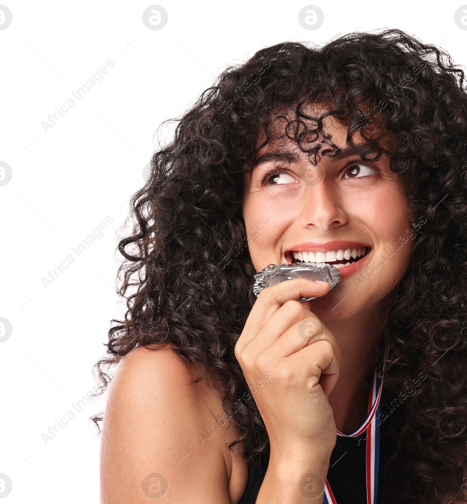 Photo of Happy winner with silver medal on white background