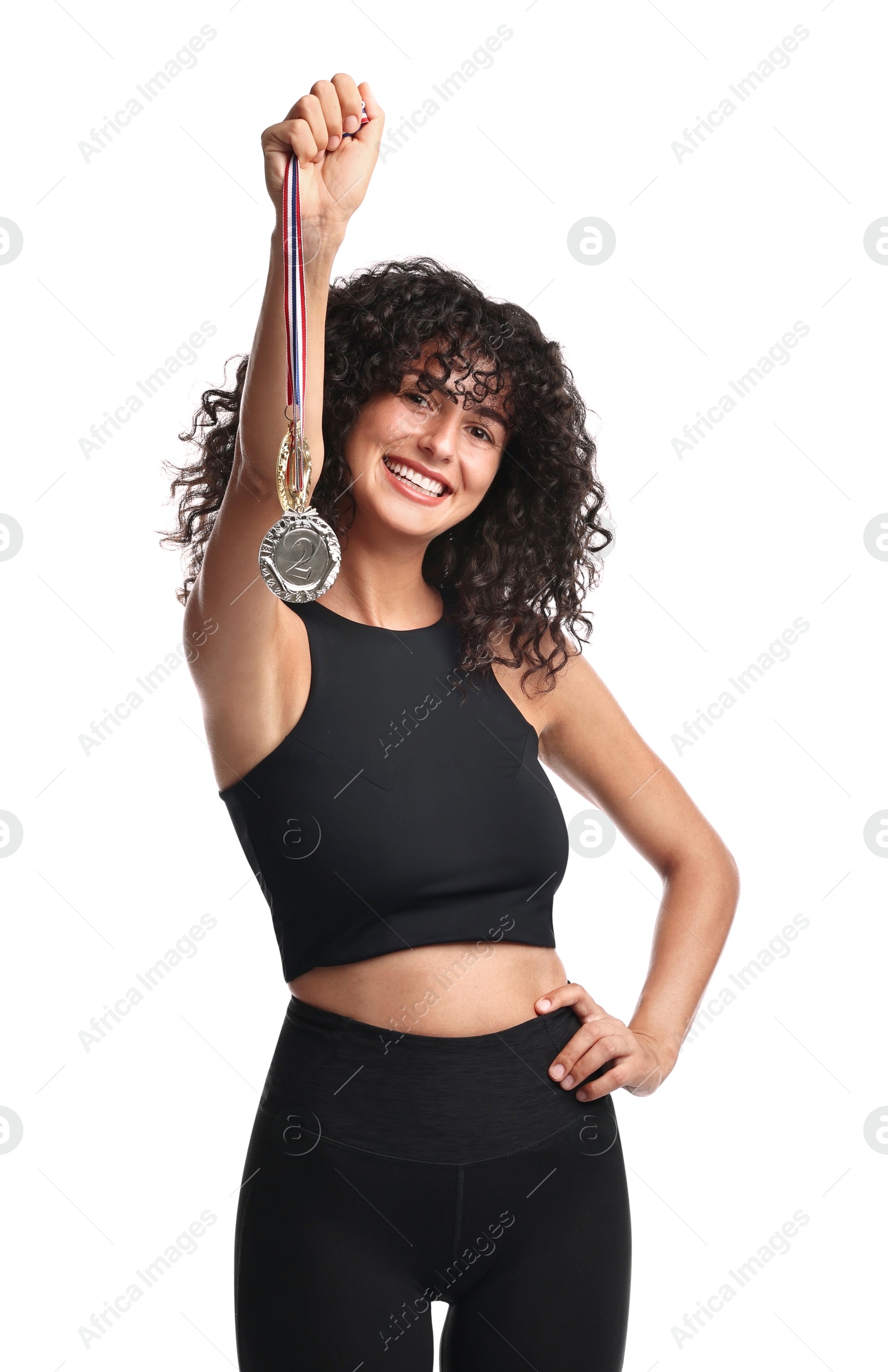 Photo of Happy winner with different medals on white background