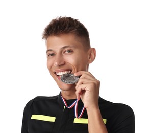 Photo of Happy winner with silver medal on white background