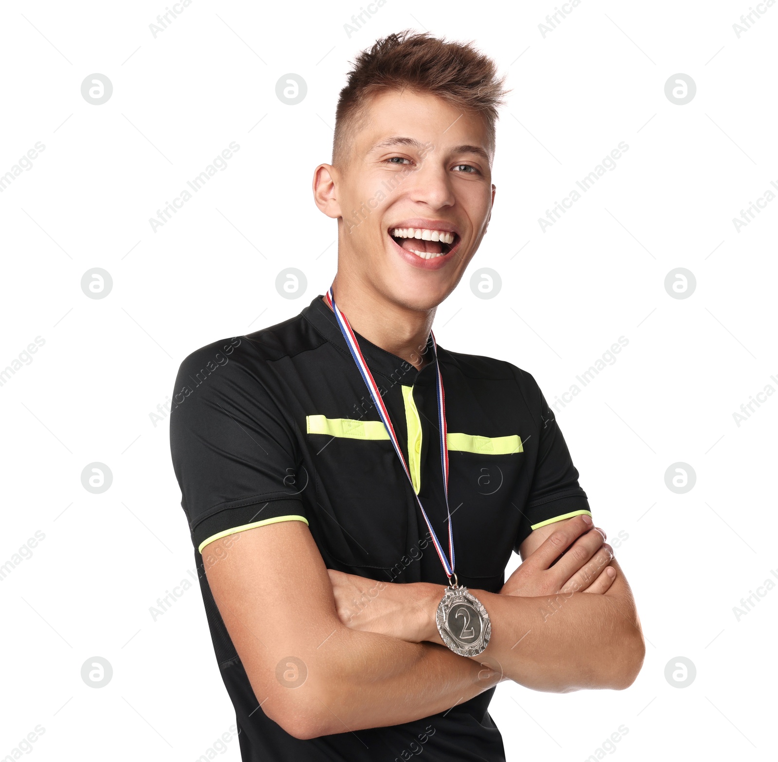 Photo of Happy winner with silver medal on white background