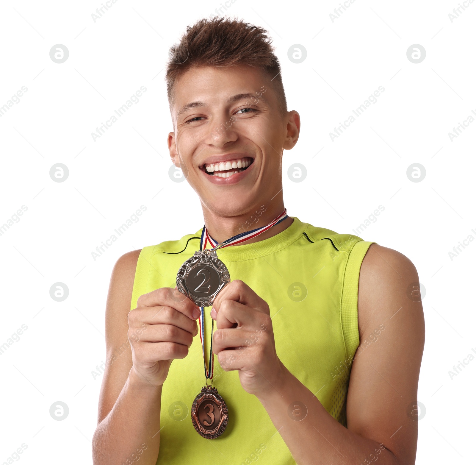 Photo of Happy winner with different medals on white background