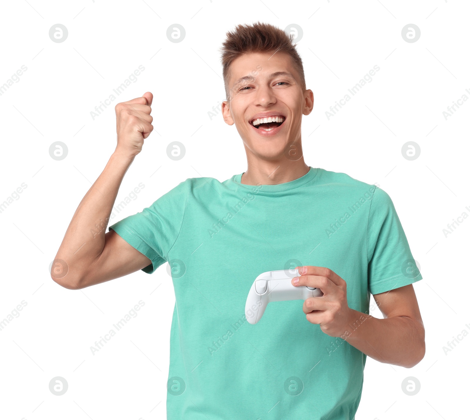 Photo of Happy young man with controller on white background