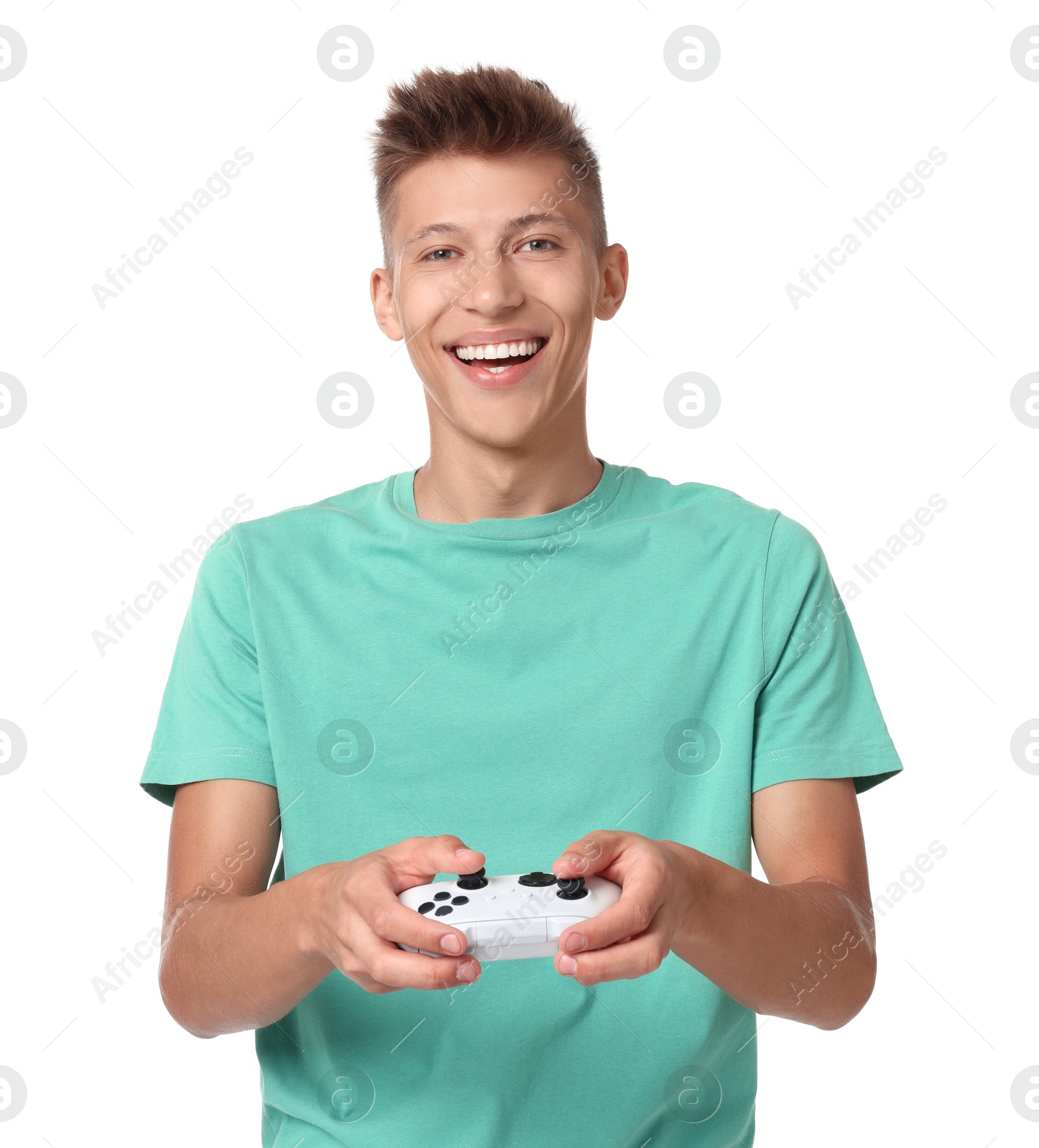 Photo of Happy young man playing video games with controller on white background