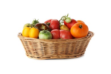 Different ripe tomatoes in basket on white background