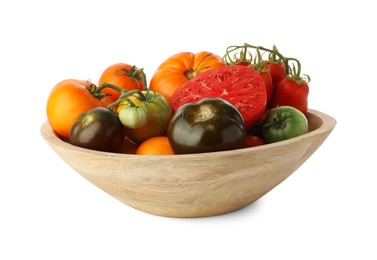 Photo of Different ripe tomatoes in bowl isolated on white