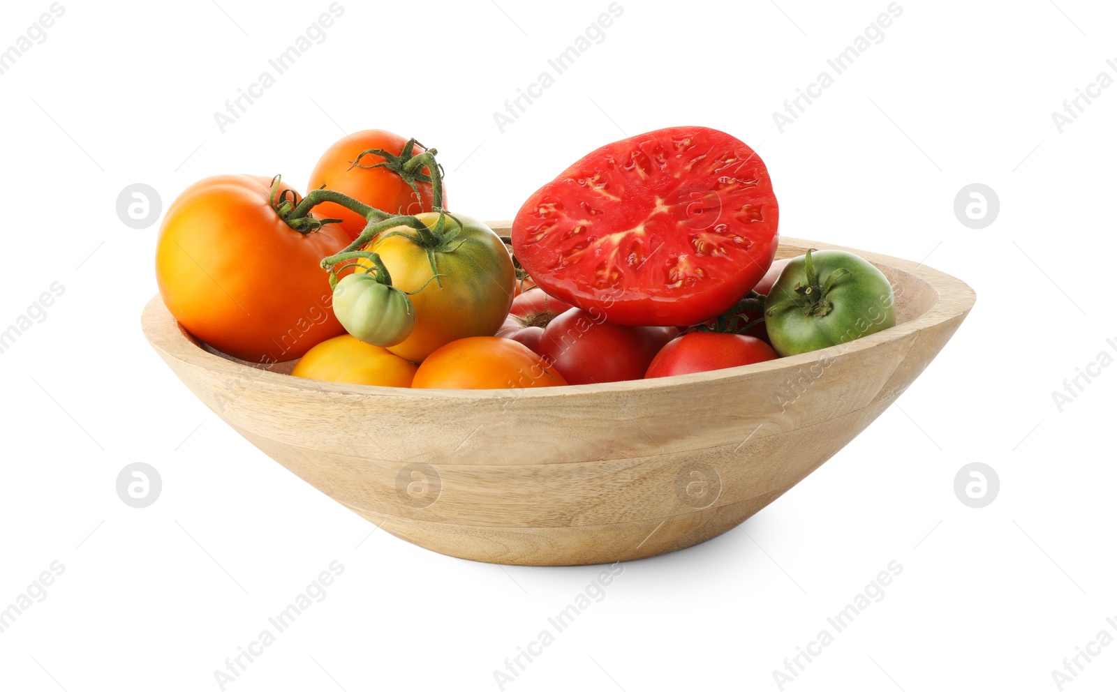 Photo of Different ripe tomatoes in bowl isolated on white