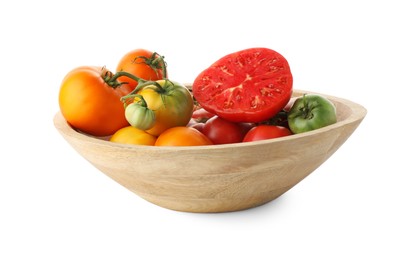 Different ripe tomatoes in bowl isolated on white