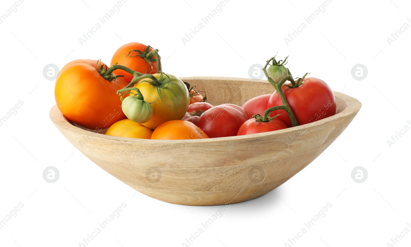 Photo of Different ripe tomatoes in bowl isolated on white