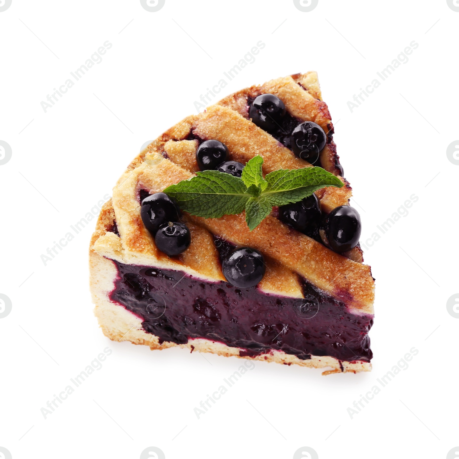 Photo of Slice of delicious homemade blueberry pie with mint isolated on white