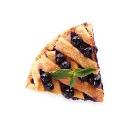 Photo of Slice of delicious homemade blueberry pie with mint isolated on white, top view