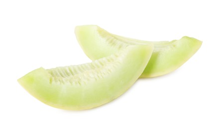 Photo of Slices of fresh honeydew melon isolated on white