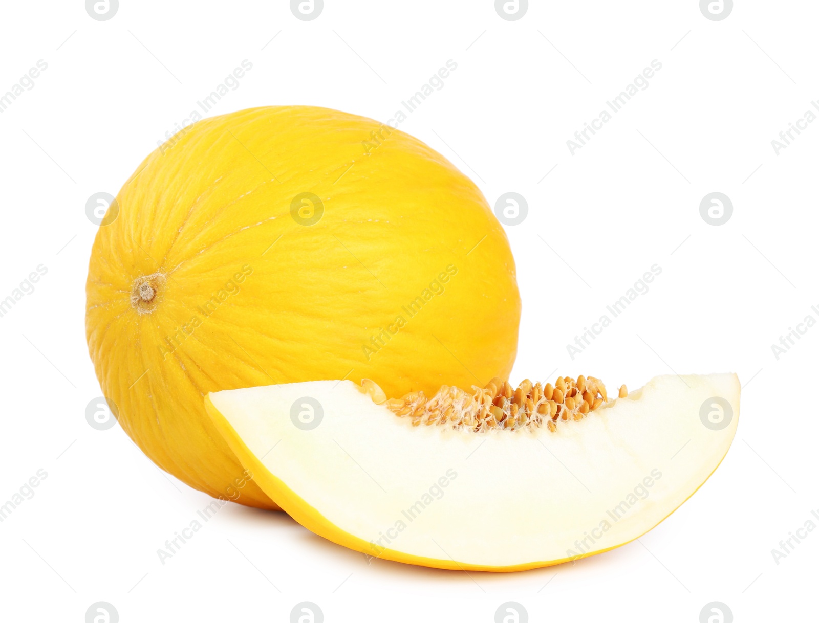 Photo of Whole and cut ripe melons isolated on white