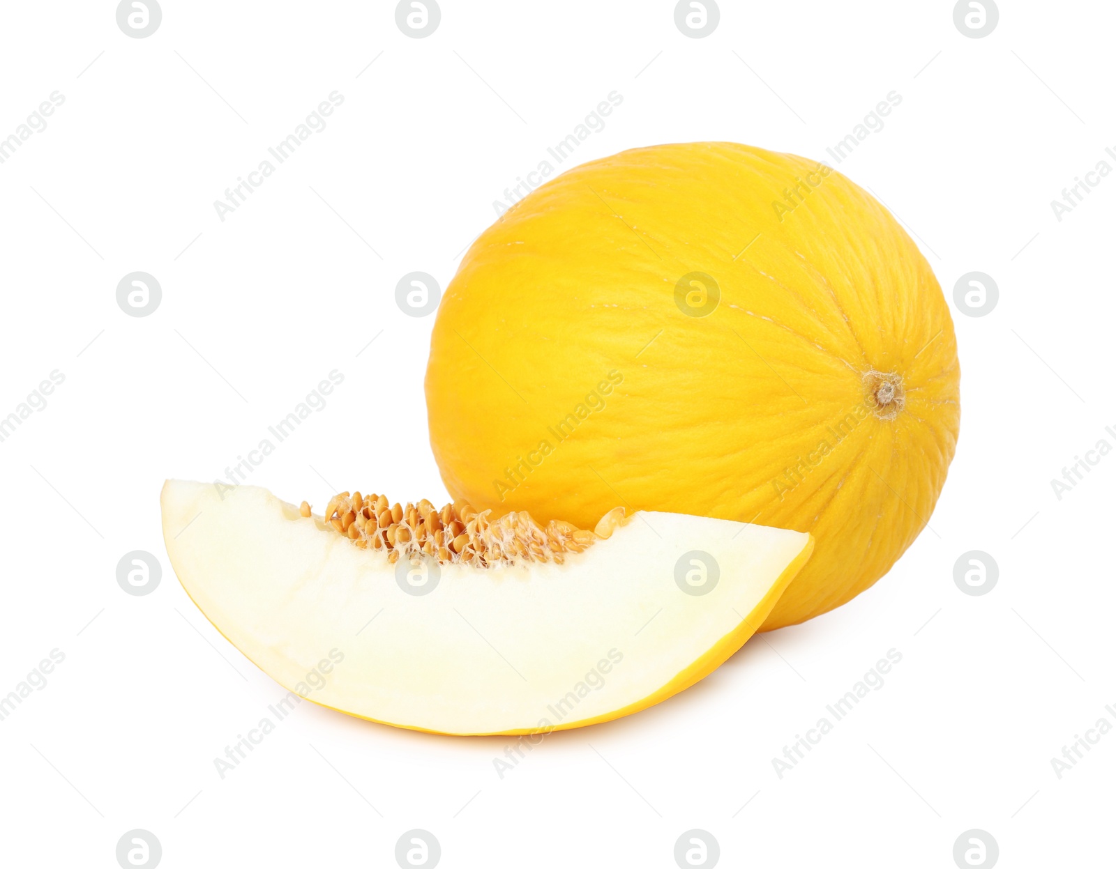 Photo of Whole and cut ripe melons isolated on white