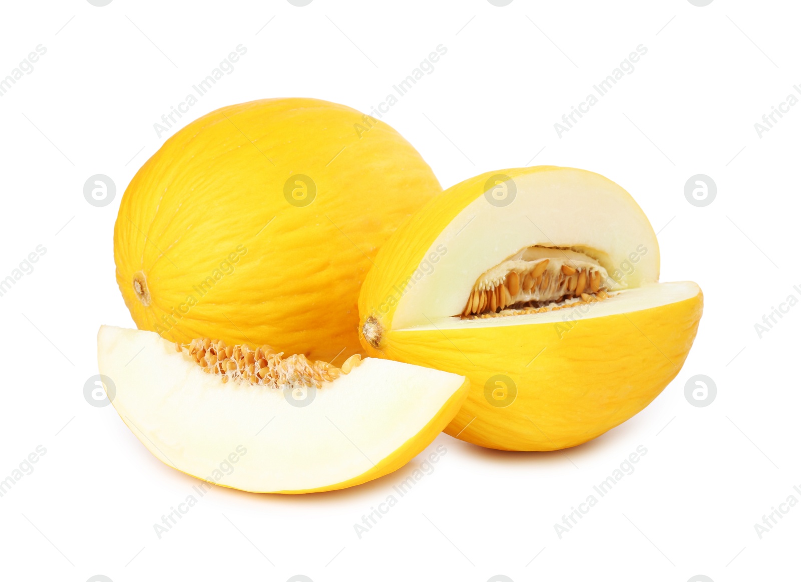 Photo of Whole and cut ripe melons isolated on white