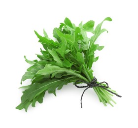 Photo of Bunch of fresh arugula leaves isolated on white, top view