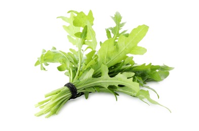 Photo of Bunch of fresh arugula leaves isolated on white