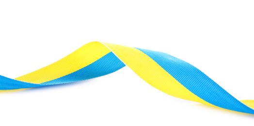 Photo of Ribbon in colors of Ukrainian national flag isolated on white