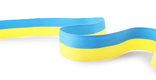 Photo of Ribbon in colors of Ukrainian national flag isolated on white