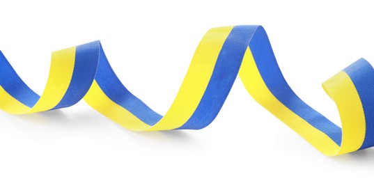 Photo of Ribbon in colors of Ukrainian national flag isolated on white