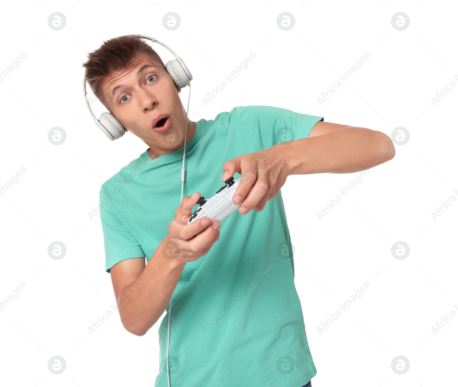 Photo of Young man playing video games with controller on white background