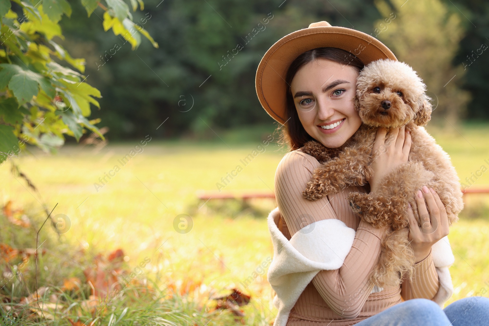 Photo of Smiling woman with cute dog outdoors on sunny day. Space for text