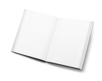 Photo of Open book with hard cover on white background, top view