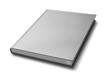 Photo of Closed grey book with hard cover on white background