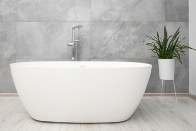 Photo of Tub and houseplant near light grey wall in bathroom