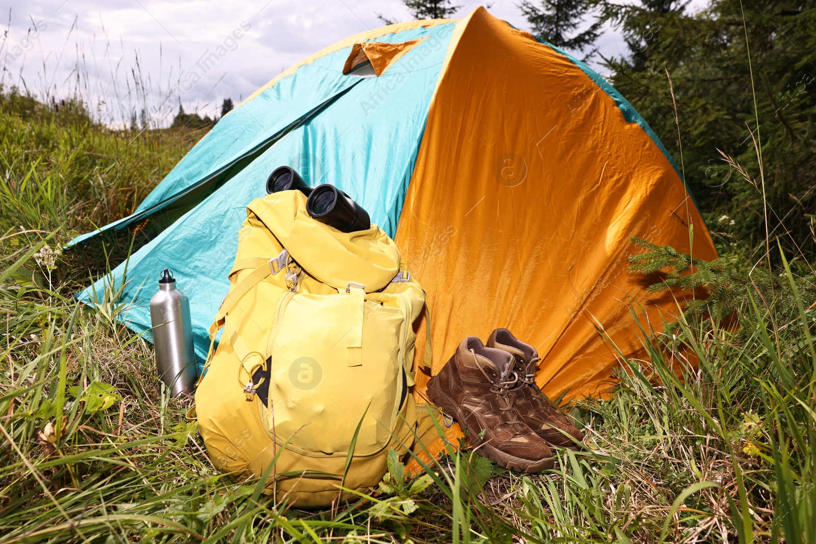 Photo of Tent, backpack, binoculars and shoes on green grass outdoors