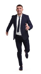 Businessman in suit running on white background