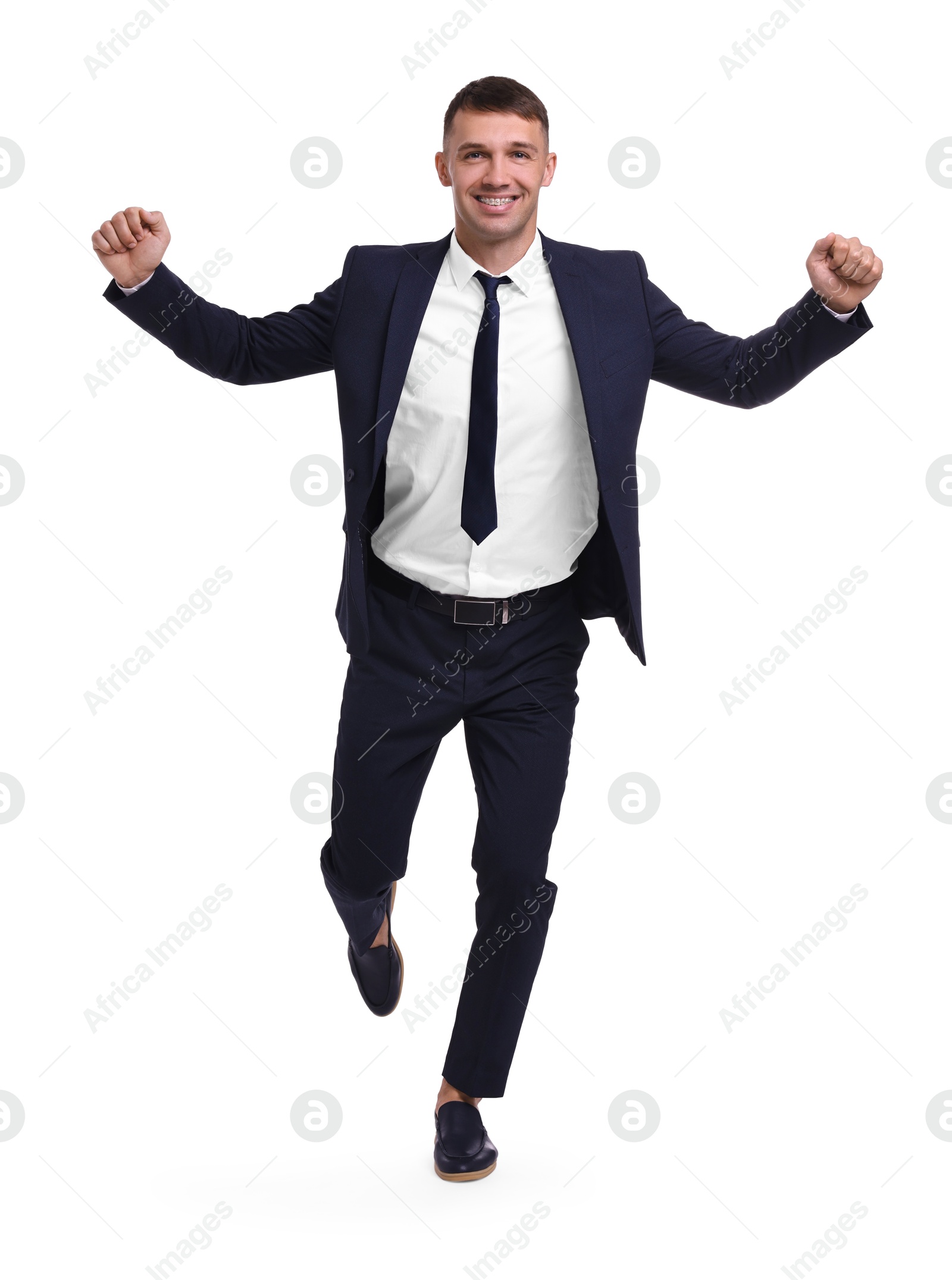 Photo of Businessman in suit running on white background