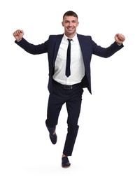 Photo of Businessman in suit running on white background