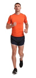 Photo of Man in sportswear running on white background