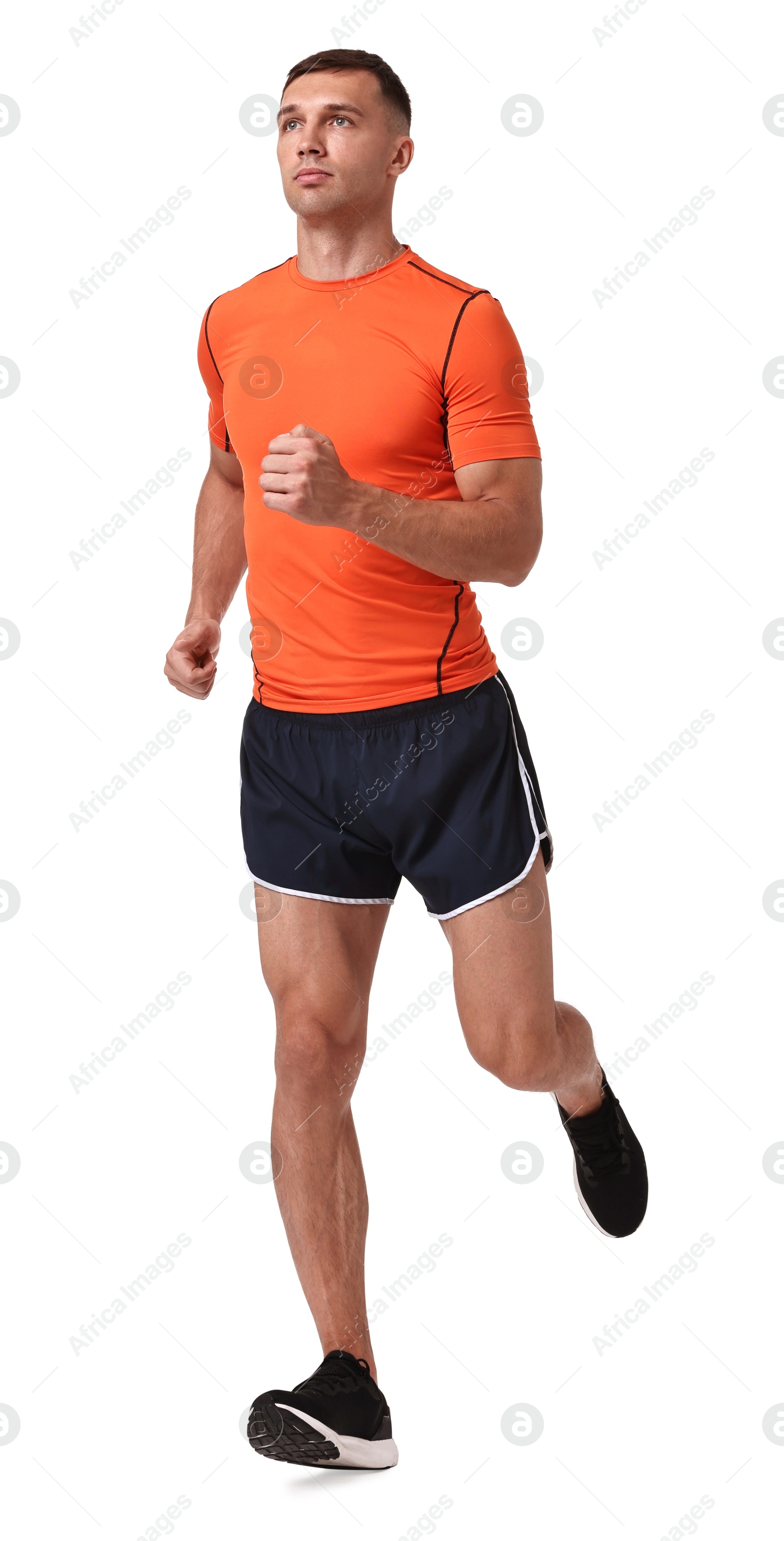 Photo of Man in sportswear running on white background