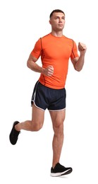 Photo of Man in sportswear running on white background