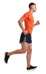 Photo of Man in sportswear running on white background