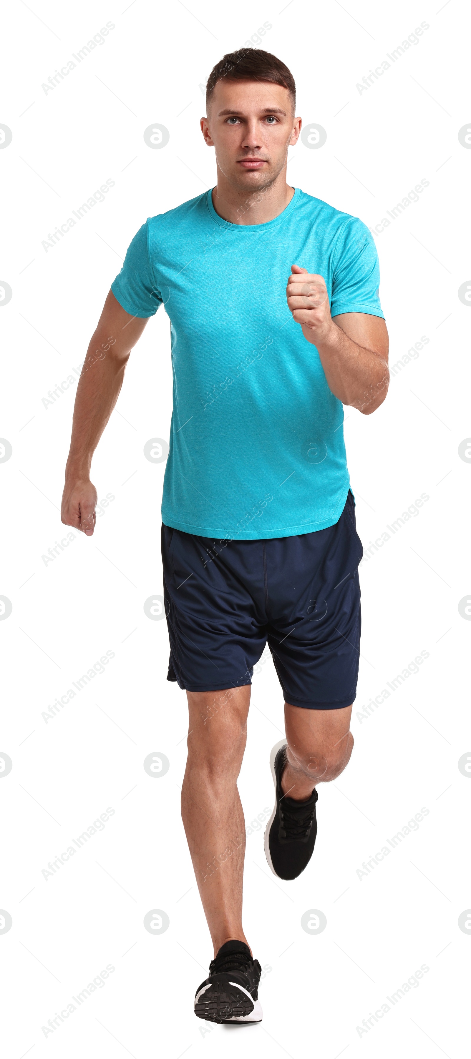 Photo of Man in sportswear running on white background