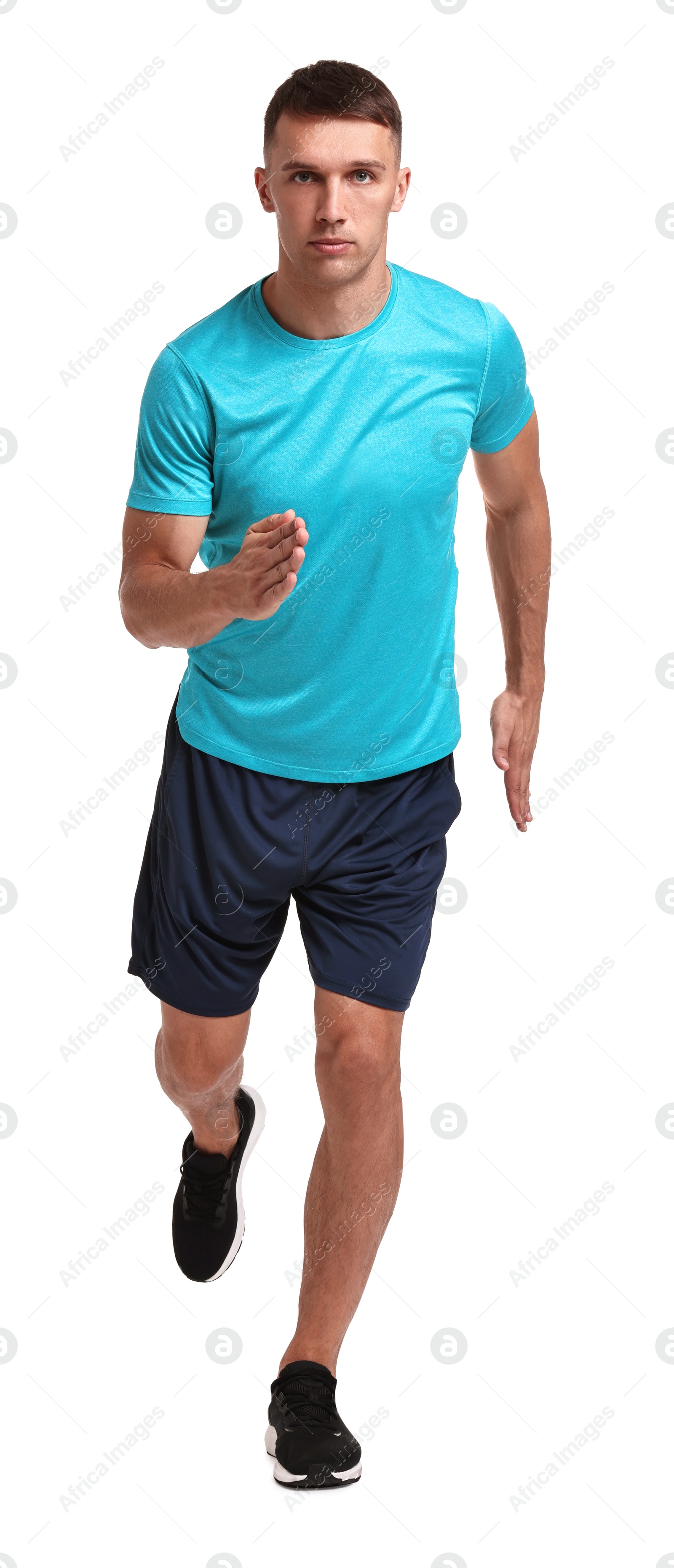 Photo of Man in sportswear running on white background