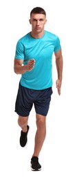 Man in sportswear running on white background